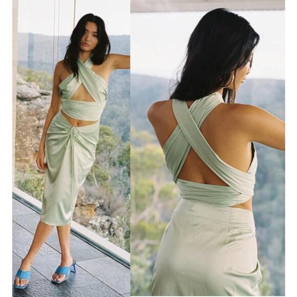 NWT With Jéan Naomi Scarf Top & Ruched-Front Tie-Up Midi Skirt Set Mint Women XS - Picture 1 of 6